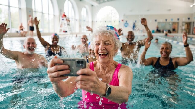 Elderly woman taking selfie in swimming pool enjoying leisure time