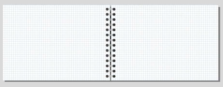 Extended notebook spread shows silver central coils, white blue grid surface, neat perimeter, soft shadow, grey backdrop. For printable stationery, education, office writing, notes, planning