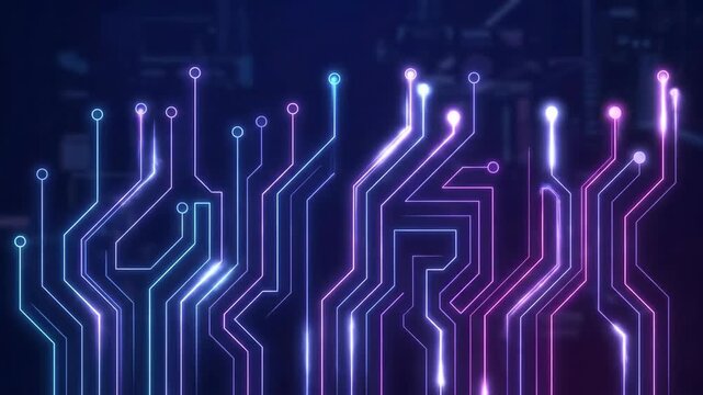 High-tech vertical circuit board lines and nodes glowing in cyan, blue, and purple hues on a dark backdrop. Ideal for cyber security presentations, motherboard hardware promos, data flow visuals, and 