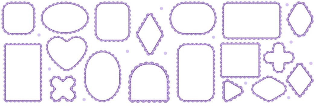 Lilac pearl scallop lace borders outline heart, oval, arch, diamond, triangle plus quatrefoil frames on white as ornate Victorian textile trim for wedding invitations or craft label cards.