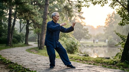 Fototapeta premium Elderly man practicing tai chi movements on a scenic stone path in a green park with physiotherapy elderly senior rehabilitation cancer survivor mental health men elderly therapy medical rehabili