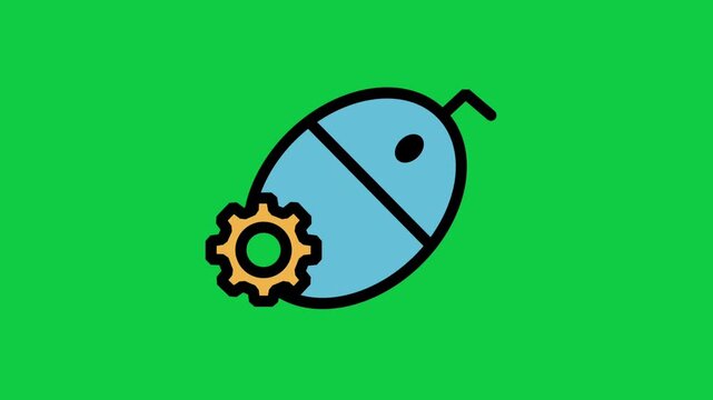 Smart Mouse Tech Motion Icon. Animated computer mouse with gear symbol, illustrating technology control, digital hardware configuration, automated navigation, and smart devices.
