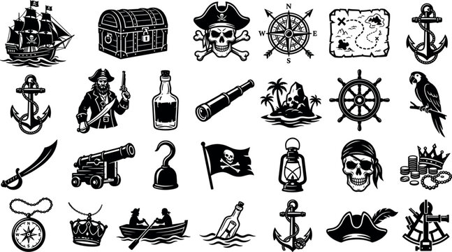Vintage pirate adventure vector icon set featuring ship chest skull crossbones compass map anchor spyglass parrot cannon and flag.