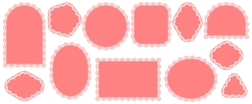 Coral lattice flower lace borders outline arch, hexagon, circle, diamond plus ellipse frames on ivory as Victorian crochet trim isolated for wedding invitation labels, tags or scrapbook crafts.