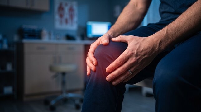 A close-up shot of a man holding his knee in a medical office, experiencing joint pain or discomfort.
