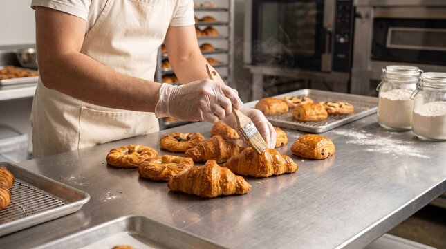 Baker hands in clear gloves, holding wooden pastry brush tool, brushing glaze onto fresh golden croissants, on stainless steel counter in commercial bakery kitchen, culinary stock photography