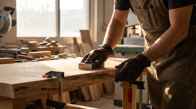 Woodworker in leather gloves and apron, holding abrasive sanding block tool, sanding smooth wooden plank on workbench, in sunny carpentry workshop studio, craft stock photography