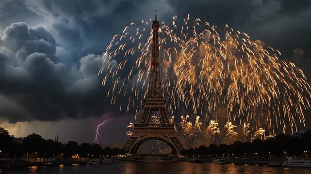 Eiffel Tower Fireworks Display Under Dramatic Stormy Skies.