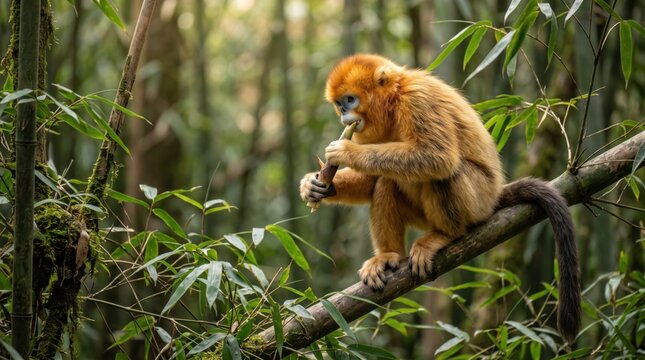 A orange monkey sitting on a tree branch eating green leaves in a dense tropical forest