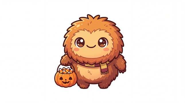 Fuzzy chibi monster character with jack-o-lantern candy bucket