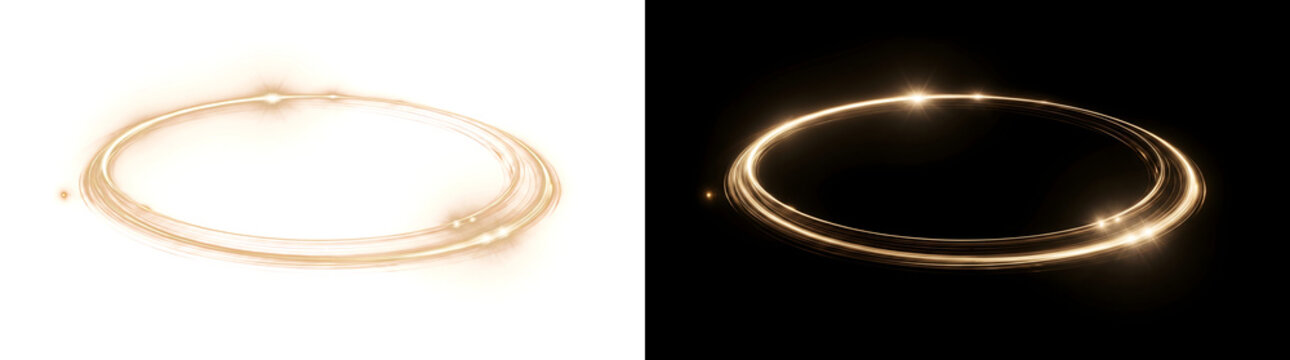 Elegant gold neon ring forms glowing oval frame with sparkling light flare perfect for luxury product display in PNG, Transparent and Black Background Versions