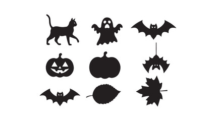 Fototapeta premium Halloween and Autumn Silhouette Collection with Black Cat, Ghost, Bats, Pumpkins and Leaves, Spooky Vector Illustration