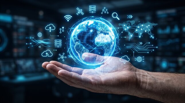 ​A glowing digital globe hovering above a human hand, surrounded by technological icons, data lines, and global network connections in a futuristic command center.