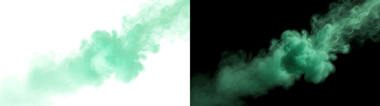 Thick green smoke cloud flows diagonally with swirling texture across black background ideal for mystical overlay in PNG, Transparent and Black Background Versions