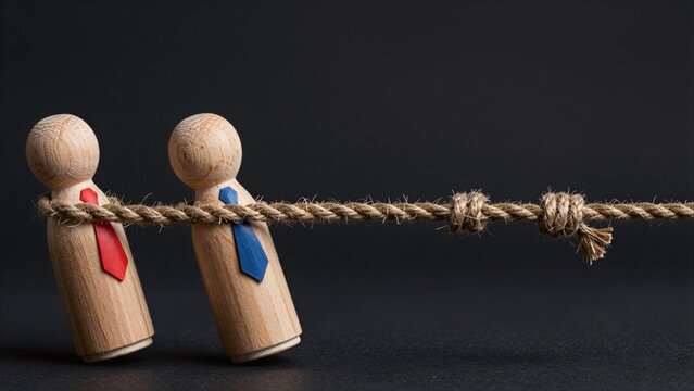 Two wooden figures tied by rope, symbolizing connection or constraint.