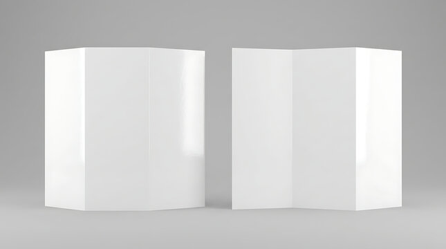 Clean White Tri Fold Brochure Stands Open Showing Inner Panels and Blank Cover Surfaces Against a Neutral Gray Background