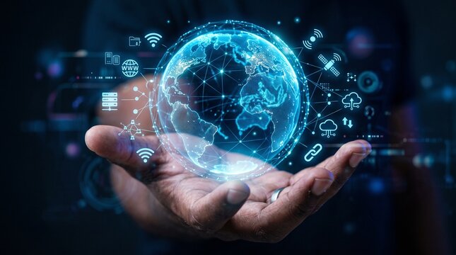 A glowing digital globe and network icons hovering above a person's open hand, representing global connectivity and modern technology.