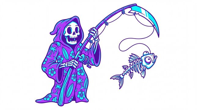 Vintage 1930s cartoon grim reaper in hawaiian robe fishing with scythe rod
