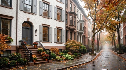 Fototapeta premium White brick townhouse with black door on autumn tree lined street
