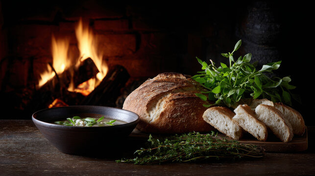 A hearty bowl of soup with crusty bread and fresh herbs, set against the warm glow of a crackling fireplace. The scene evokes comfort and rustic charm.