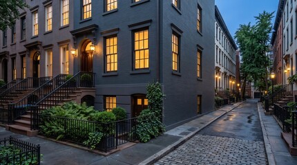 Fototapeta premium Evening townhouse corner with lit windows and cobblestone lane