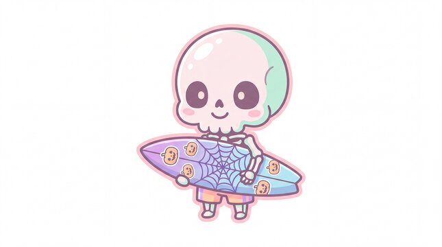 Kawaii pastel skeleton character holding a surfboard with halloween spiderweb and pumpkin design
