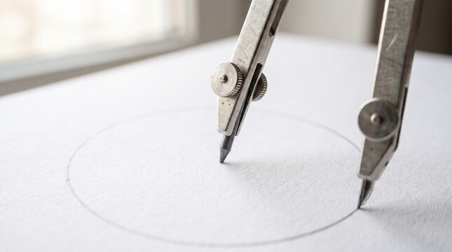 Drawing a circle with a metal compass on white paper sheet