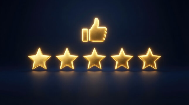 Five glowing golden stars and a thumbs up icon representing high customer satisfaction and excellent service quality rating