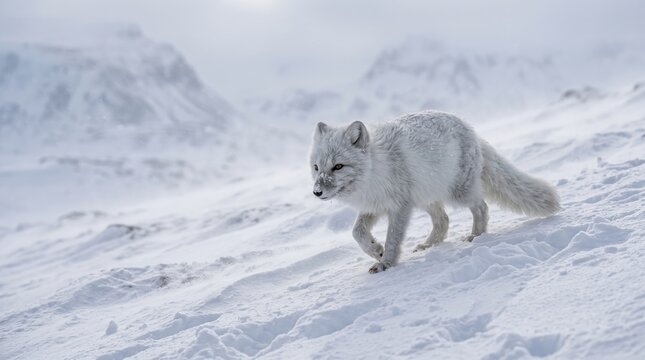 arctic fox walking on the snow covered mountain in winter