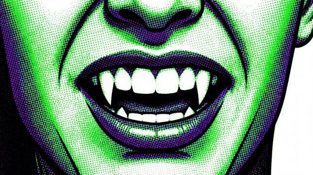 Pop art illustration of a vampires mouth with fangs hissing in green and purple halftone style