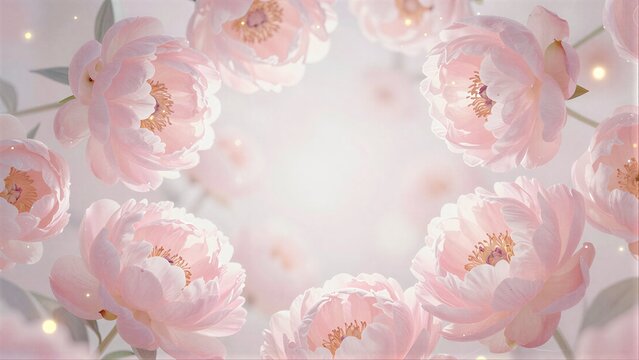 Soft pink peonies bloom gently, framed by delicate petals and warm bokeh lights.