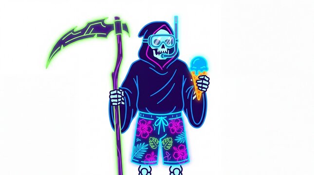 Cyberpunk neon grim reaper on vacation with scythe and ice cream vector isolated