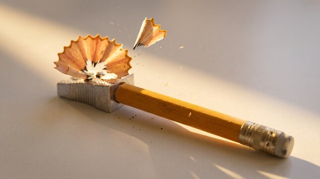 Yellow Wooden Pencil Being Sharpened With Shavings on White Surface