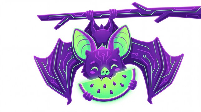 Cute cyberpunk bat eating glowing watermelon slice vector illustration