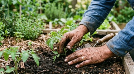 Fototapeta premium Close up of gardener hands planting a small green seedling in rich dark soil of a raised garden bed