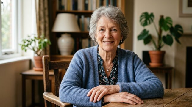 Smiling elderly woman with grey hair wearing a blue cardigan sitting at a wooden table indoors