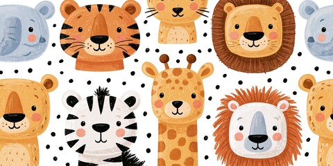 Naklejka premium Seamless pattern of cute safari animals in bright colors for nursery wallpaper and kids textile design Generative AI