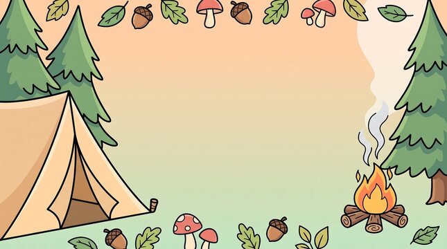 Cartoon camping tent and campfire in forest frame background