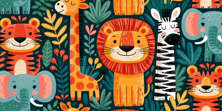 Seamless pattern of safari animals in bright colors for nursery wallpaper and textile design Generative AI