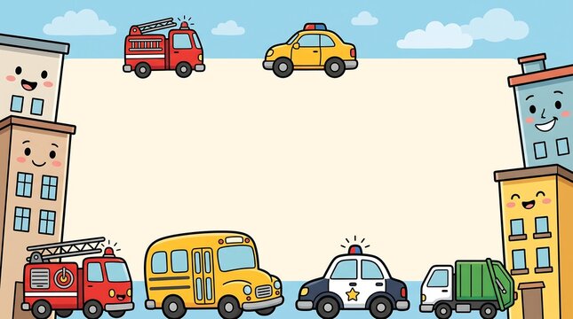 Cute cartoon city vehicles and buildings frame background