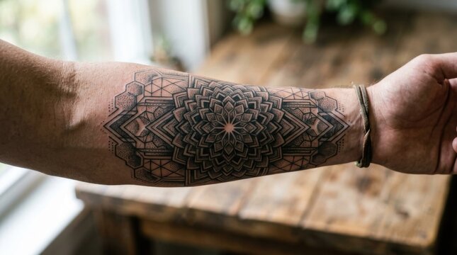 Intricate Geometric Mandala Tattoo Design on Male Forearm with Dotwork and Line Art Detail