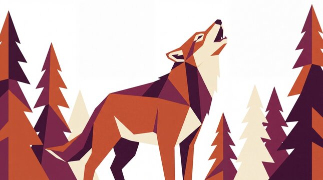 Stylized geometric wolf howling among pine trees vector illustration