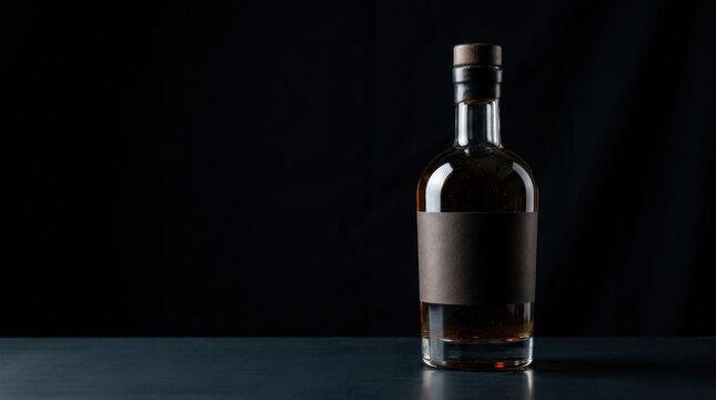Clear glass bottle with amber liquid and blank label on dark background studio shot