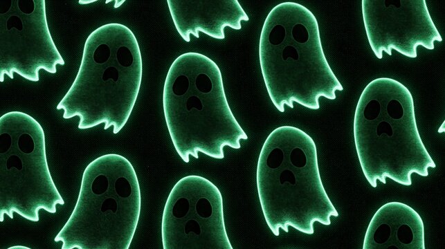 Glowing green neon ghosts on black background create a fun and vibrant seamless pattern for various uses Generative AI