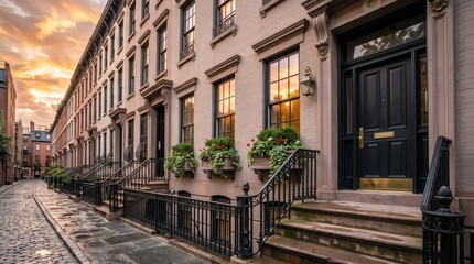 Fototapeta premium Black door townhouse row with flower boxes and cobblestone lane
