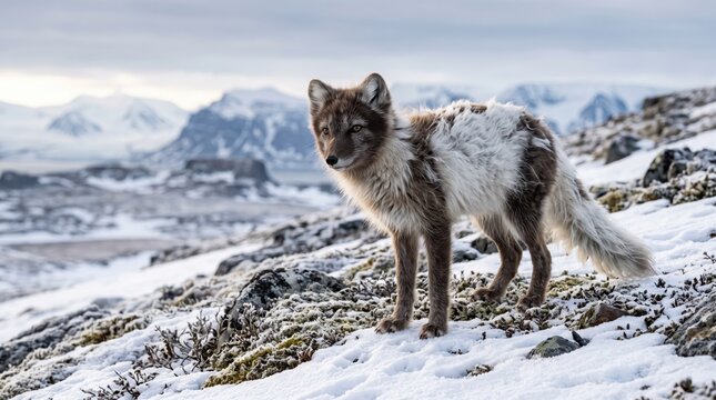 Arctic fox standing in the snowy rocky landscape during winter