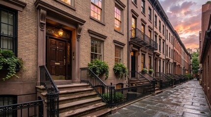 Fototapeta premium Brick townhouse entrance with sunset sky and narrow wet street