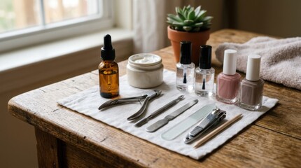Fototapeta premium Nail Care Tools and Products Arranged on a Wooden Table with a Plant and Towel
