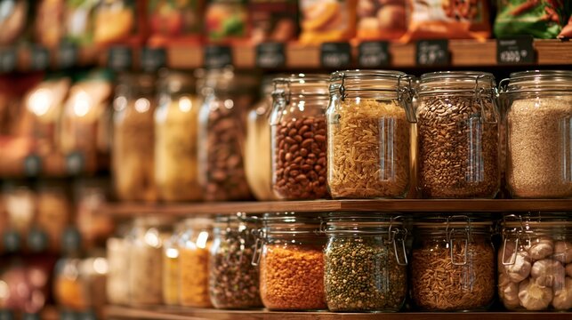 Shelves hold glass jars with grains and legumes in a grocery store aisle filled with packaged food in the background Generative AI