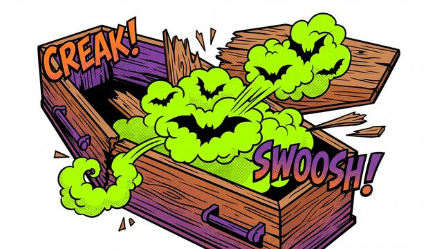 Pop art comic illustration of wooden coffin bursting open with toxic green smoke and bats